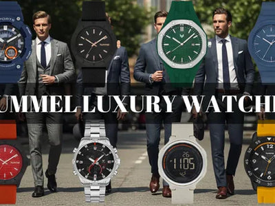 Hummel Luxury watches with men walking in suits behind them