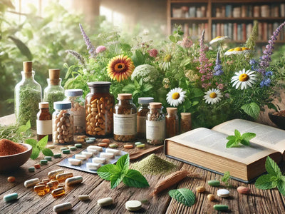 Natural healing herbs and supplement bottles arranged with open reference book and fresh flowers in morning light