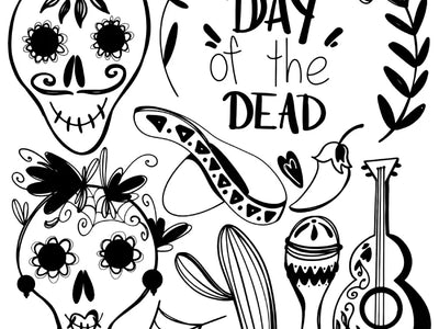Dia de los Muertos black and white doodles featuring skulls, flowers, guitar, sombrero, and maracas.