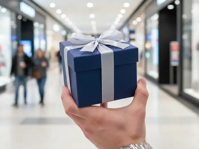 Man holding luxury blue gift box with silver ribbon for women gifts at shopping mall