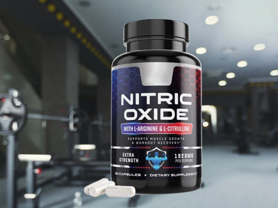Nitric oxide supplement bottle with capsules displayed in professional gym setting with weight equipment