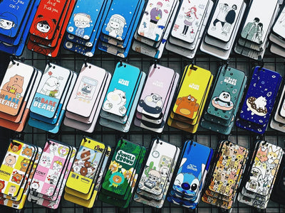 phone cases on wall display showing android phone cases and iphone phone cases