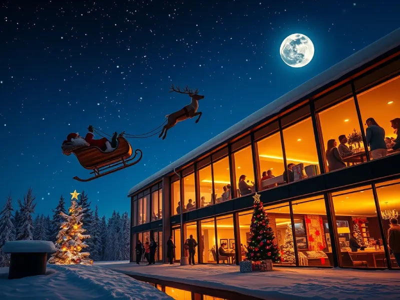 Santa and reindeer flying through office building courtyard delivering Secret Santa gifts