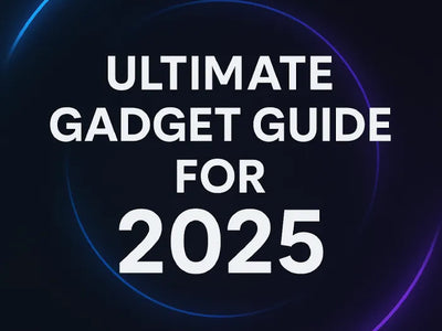 Futuristic cover image for the Ultimate Gadget Guide 2025 with neon blue and purple arcs on a dark background.