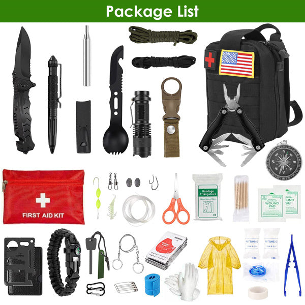 Collection of survival tools and first aid items on a white background with a green banner at the top.