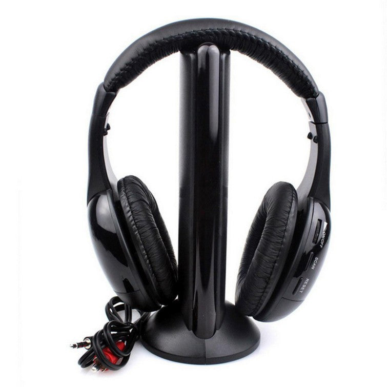 Wireless TV headphones with charging stand for versatile 5-in-1 audio.