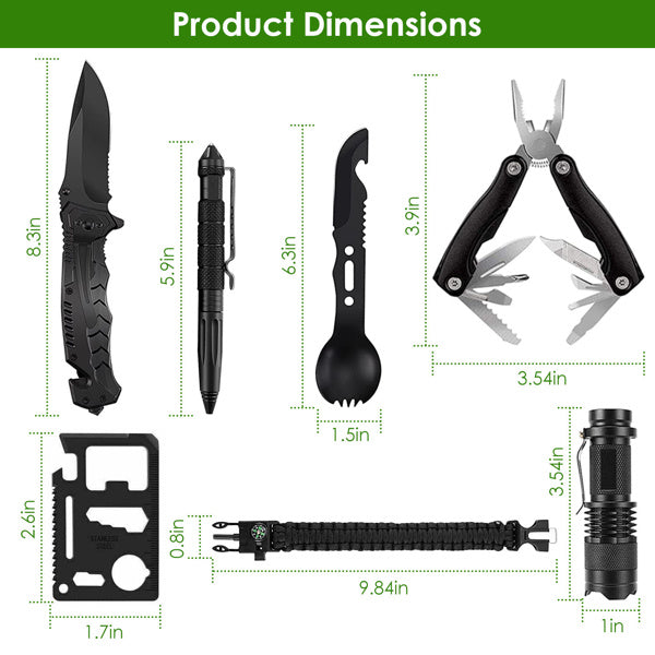 Set of survival tools with dimensions labeled on a white background