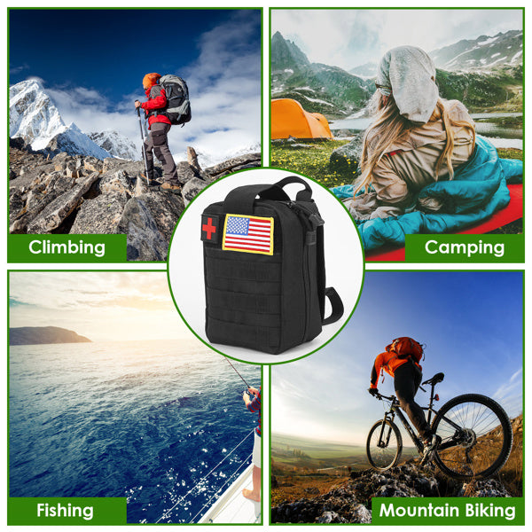 Black tactical backpack with American flag patch in the center, surrounded by outdoor activities images.