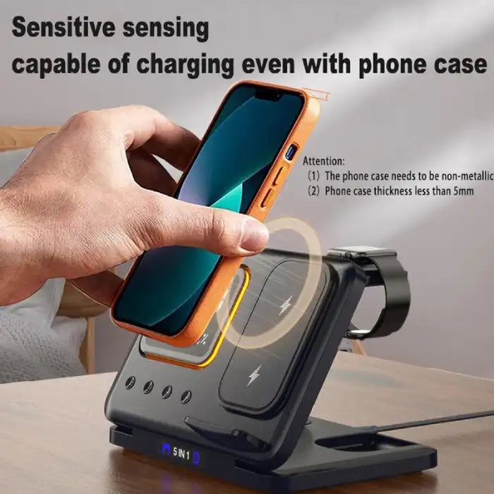 5-in-1 Wireless Charging Station supporting phone case charging with watch holder and dock