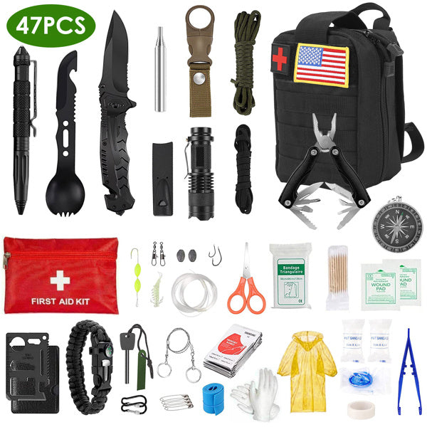 Collection of survival tools and equipment including a knife, flashlight, and first aid kit on a white background.