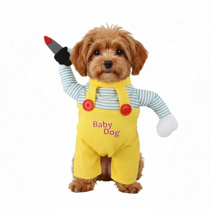 Cat Halloween costume modeled on small dog with yellow overalls and striped shirt cosplay design.