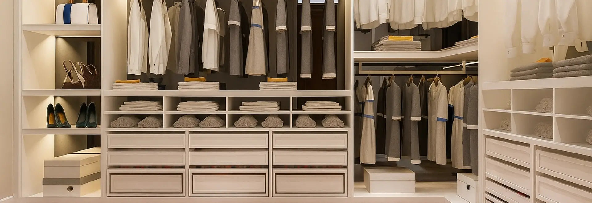 cruelty-free women’s clothing neatly arranged in a modern white walk-in closet with folded sweaters and hanging dresses