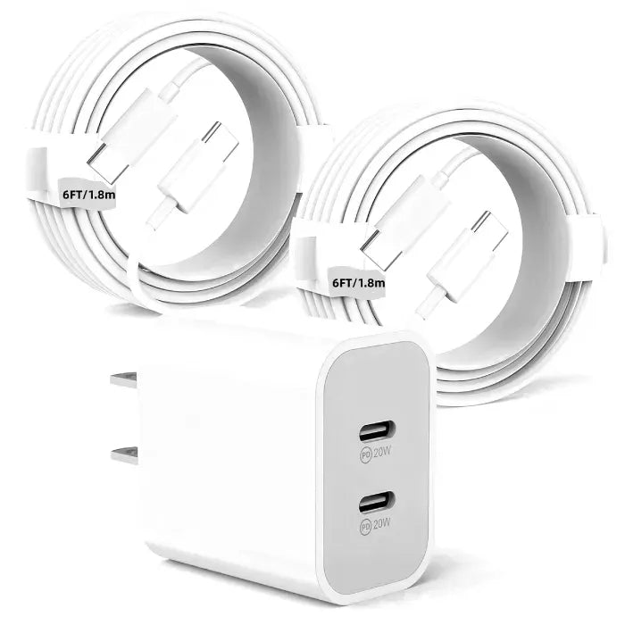 Two 6FT USB-C cables with a dual-port 40W charger. white design, perfect for simultaneous device charging.