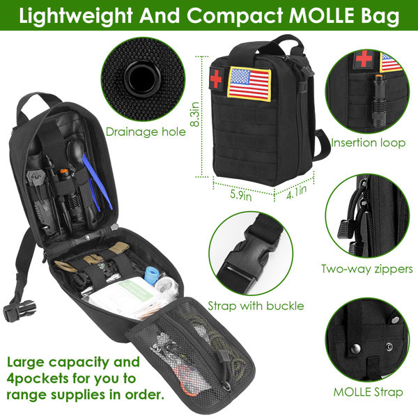 Black MOLLE bag with various features highlighted on a white background