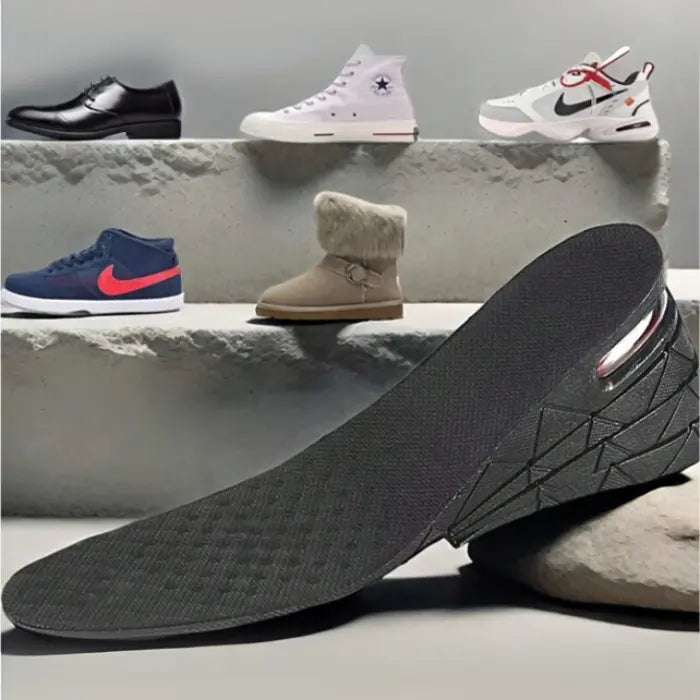 Adjustable height insoles displayed beside various shoe types showing universal compatibility.