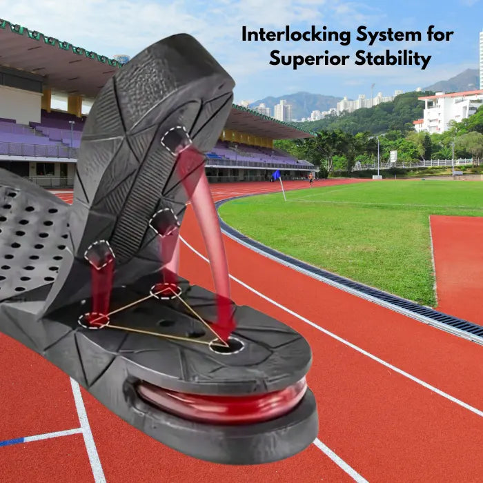 Adjustable height insoles with interlocking system shown on running track for added heel stability.