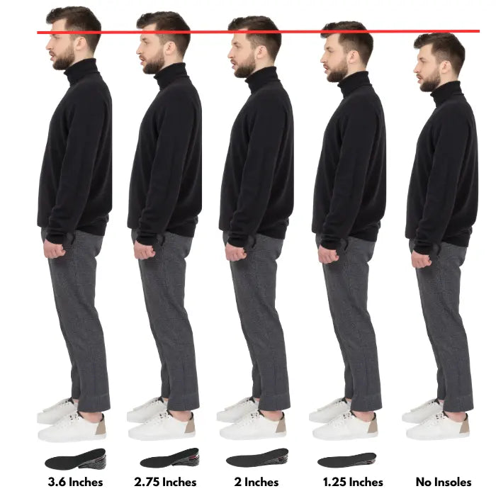 Adjustable height insoles showing lift variations from 1.25 to 3.6 inches with man height comparison.