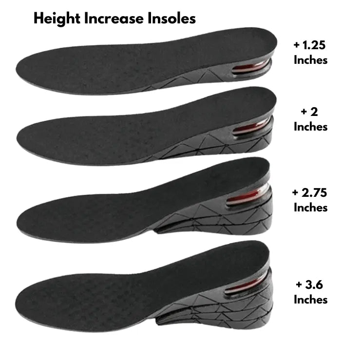 Adjustable height insoles in different stackable sizes from 1.25 to 3.6 inches with side view.