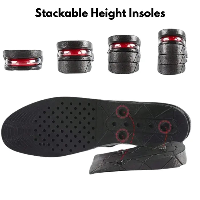 Stackable adjustable height insoles with modular design shown from rear and bottom angle.