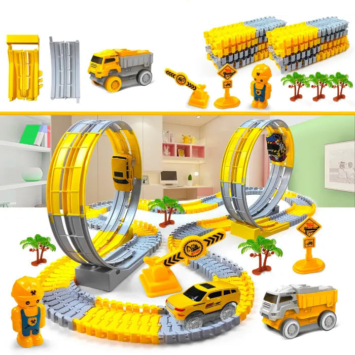 201-piece engineering track set with extended tracks, multiple loops, and detailed accessories.