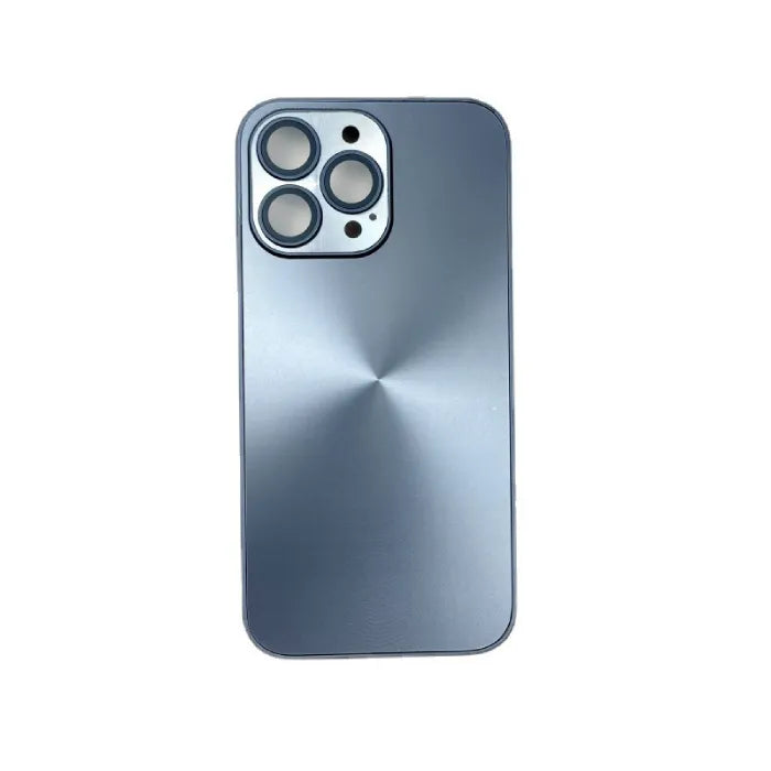 Blue anti smudge iPhone case with satin metallic finish on white background, camera frame visible.