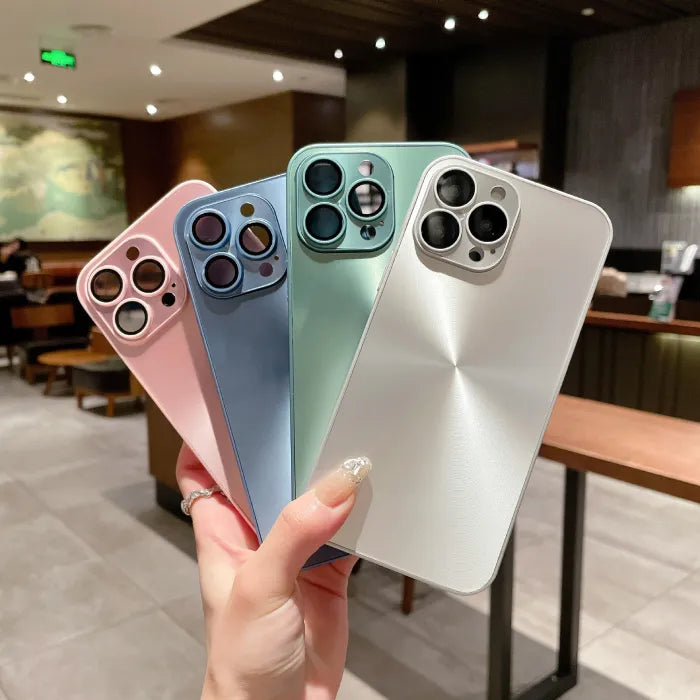 Anti smudge iPhone case set in pink, blue, green, and silver with soft matte metallic finish.