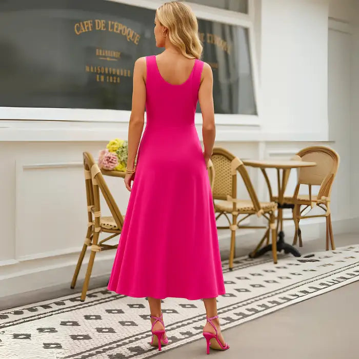 Rear view showing the flattering fit of the fuchsia sleeveless A-line midi dress with a scoop back. Buy this popular summer dress style with confidence and free shipping.