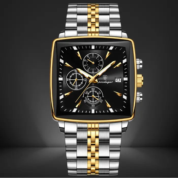 luxury black and gold chronograph watch with a square dial, stainless steel band, and multifunctional sub-dials