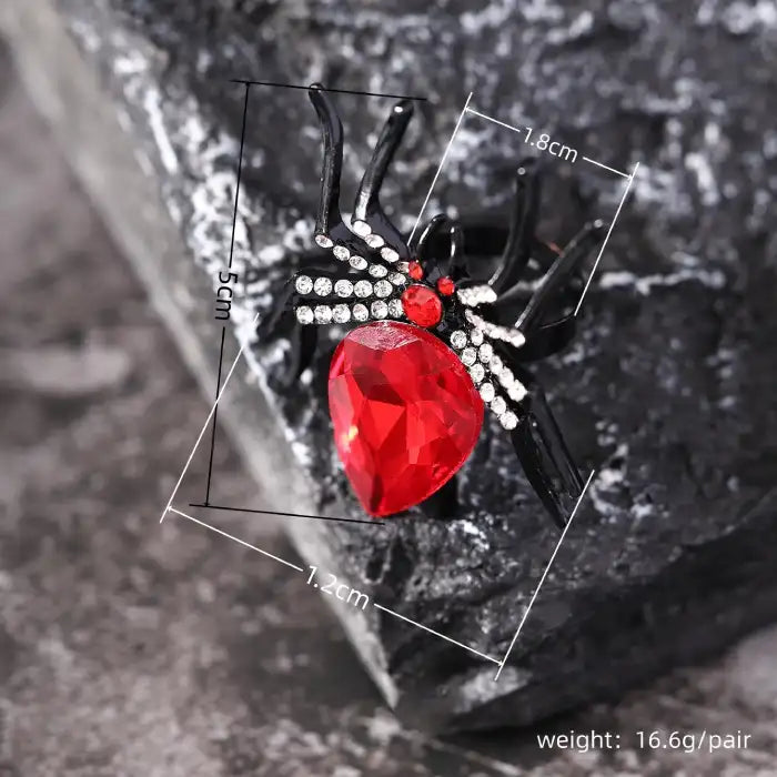 Blackwidow Spider rings with red gem shown with full measurements and product dimensions