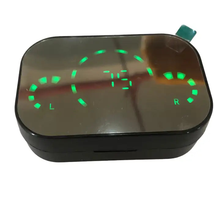 Bluetooth Earbuds case with green LED indicators showing left and right battery levels.