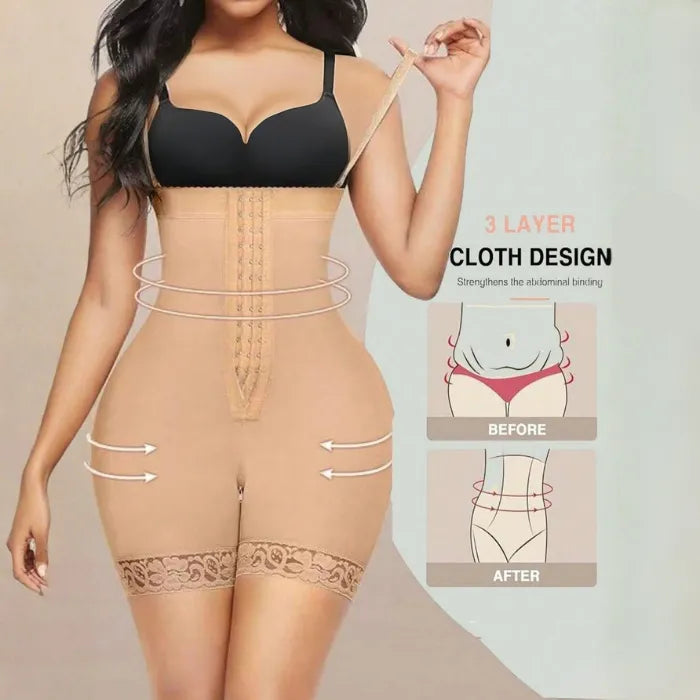Body shaper faja with high-waist design flattens tummy and cinches waist with before-after view.
