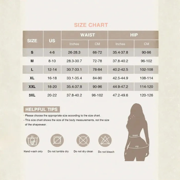 Body shaper faja size chart with waist and hip measurements and care instructions for best fit.