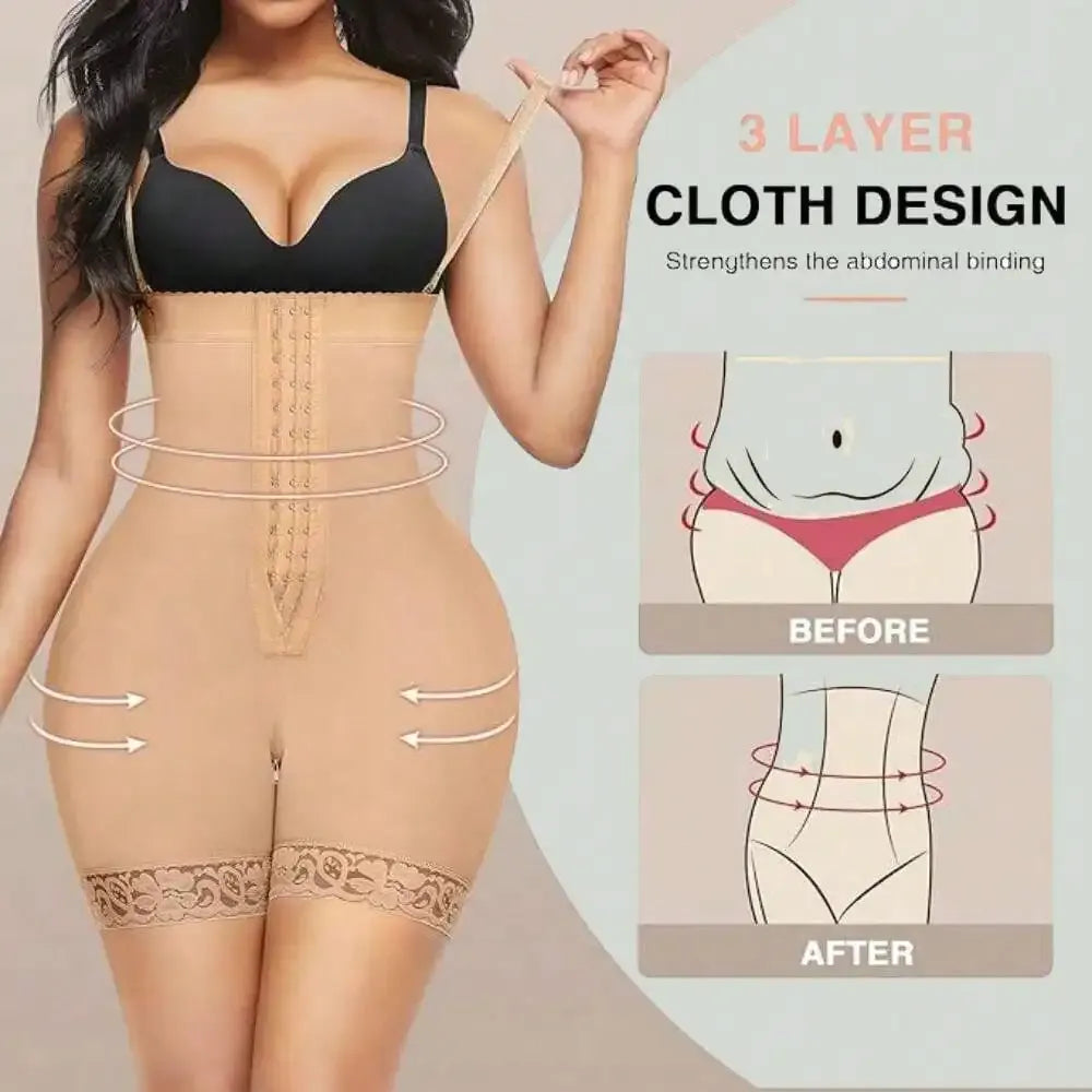 Body shaper faja with tummy control shows slimming compression and before-after waist sculpting results.