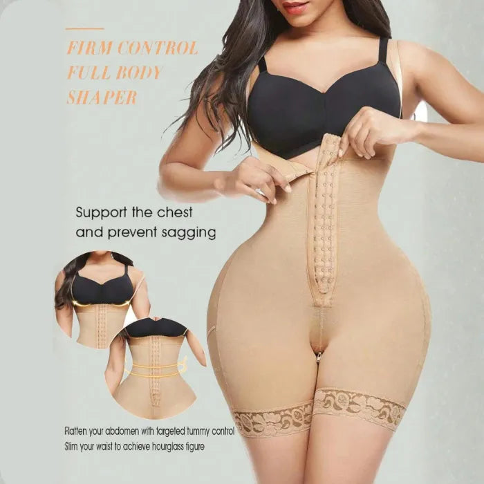Body shaper faja with front hook-and-zipper design supports chest and slims waist comfortably.