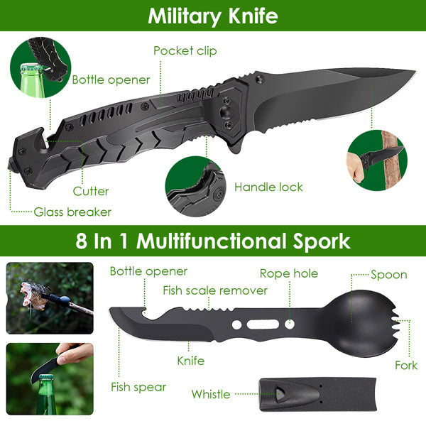 Multifunctional knife and spork with labeled features on a green background