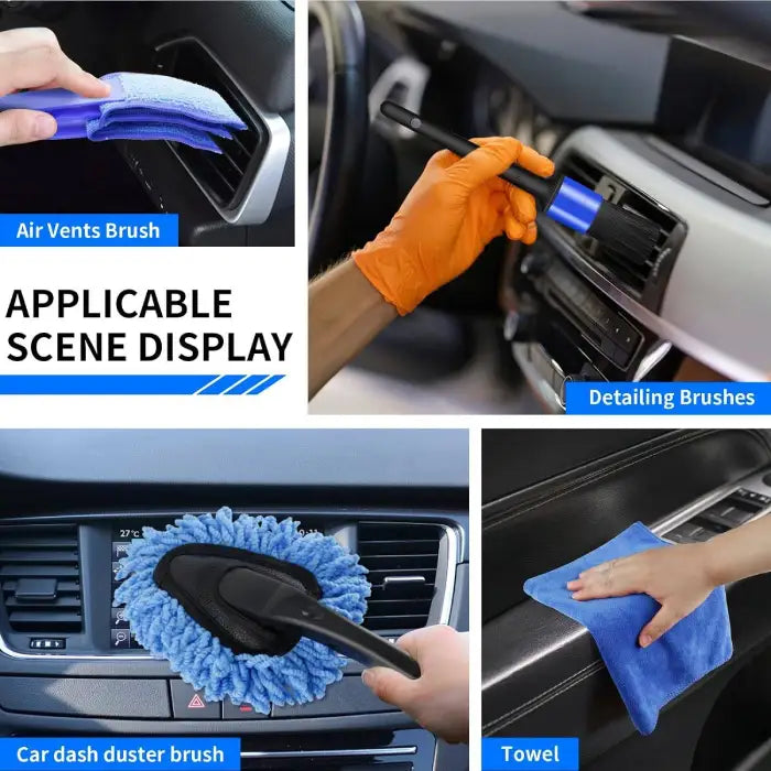 Car detailing brush kit used on air vents, dashboard, and trim with microfiber towel and dusters.