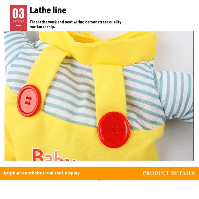 Cat Halloween costume stitching detail showing neat finish on red buttons and yellow straps.