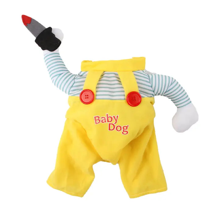 Cat Halloween costume laid flat with yellow overalls, striped shirt, and plush knife arm in front.