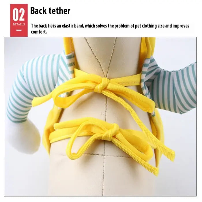 Cat Halloween costume featuring back elastic tie straps to adjust sizing and improve pet comfort.