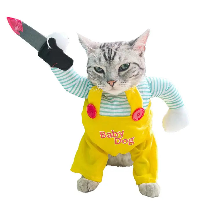 Cat Halloween costume with yellow overalls and knife arm for a funny and spooky pet cosplay look.