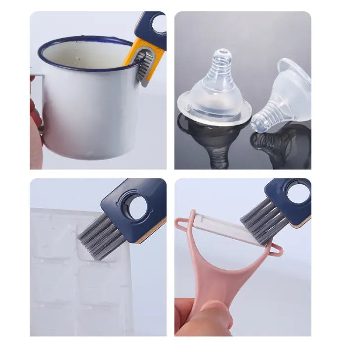 Four-panel demonstration showing cleaning brush being used on cups, bottle nipples, and kitchen tools