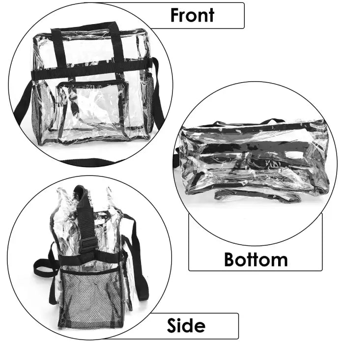 Clear stadium tote bag shown from front, side, and bottom for complete visual overview.