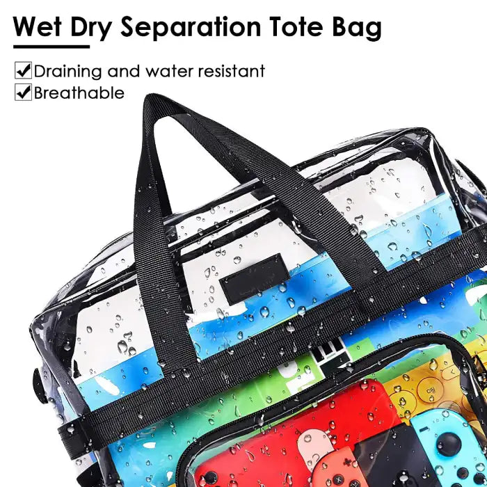 Clear stadium tote bag with water droplets showcasing water-resistant and breathable features.