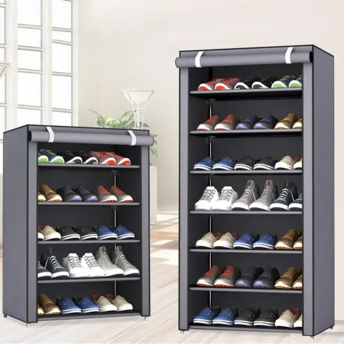 Two dust-proof shoe organizers showing 5-tier and 7-tier options for comprehensive closet organization and shoe storage