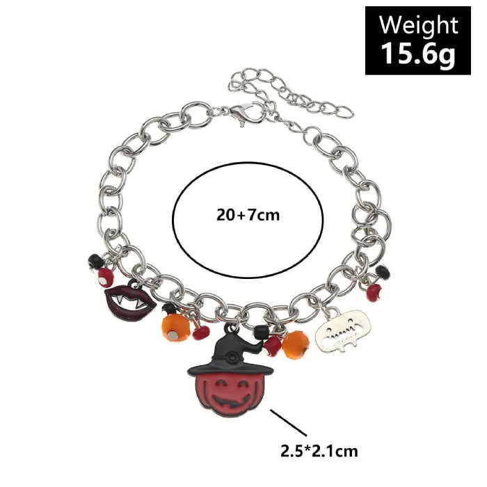 Halloween costume bracelet with charm details and measurements on white background.