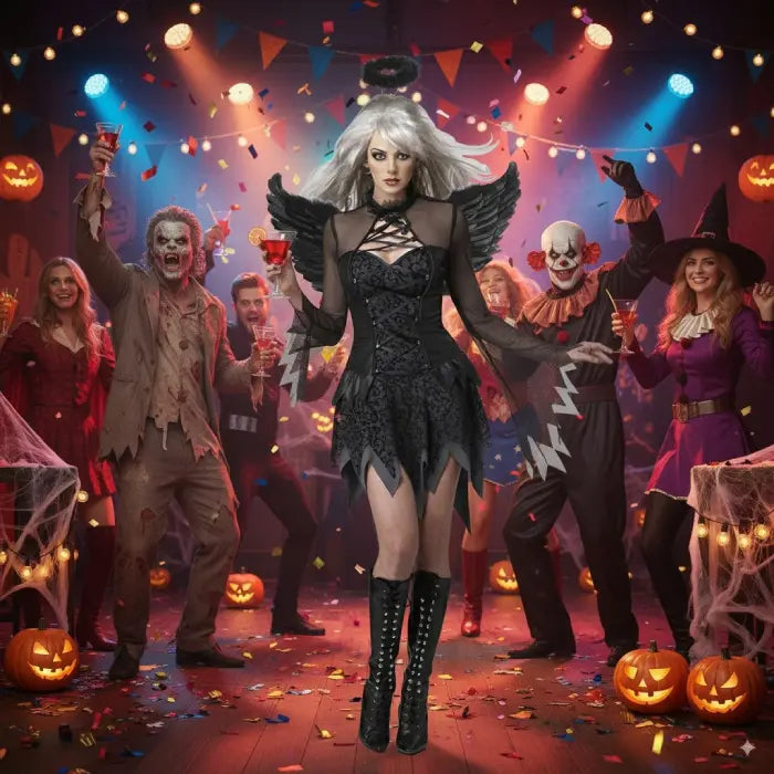 Dark angel costume set with wings and halo worn at a lively Halloween party with zombies and clowns.