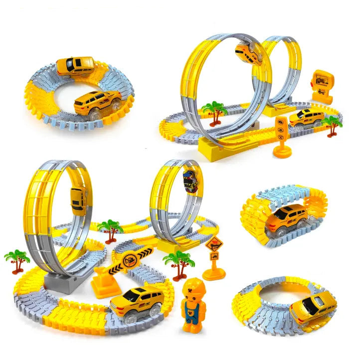 Various DIY designs for a race car loop track set, including loops, circles, and engineering-themed layouts.