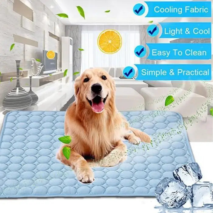 dog cooling mat showcasing breathable blue quilted texture with golden retriever relaxing comfortably against ice cube background