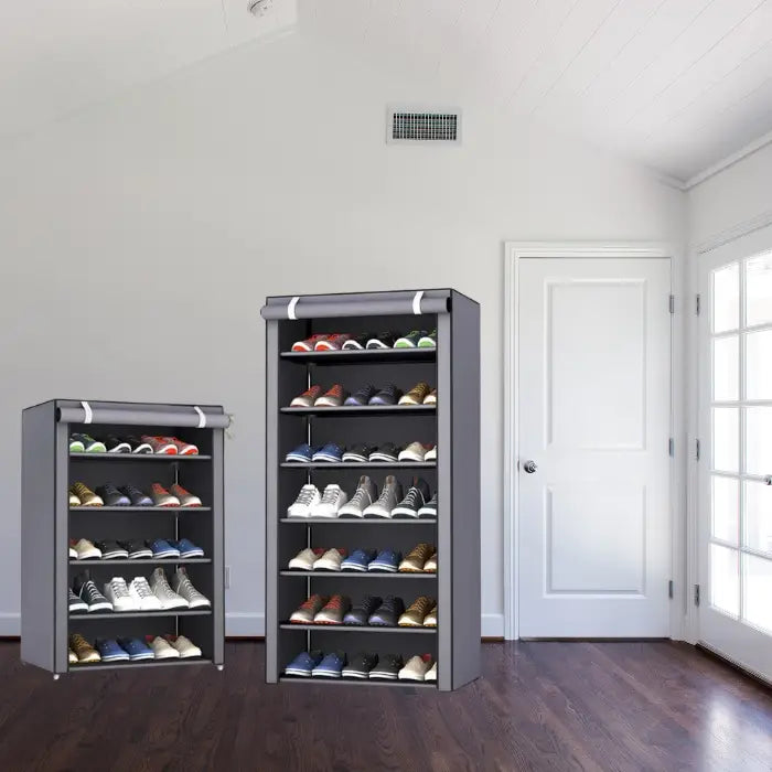Dust-proof shoe organizers in two sizes, perfectly fitted for entryway storage with modern white interior design