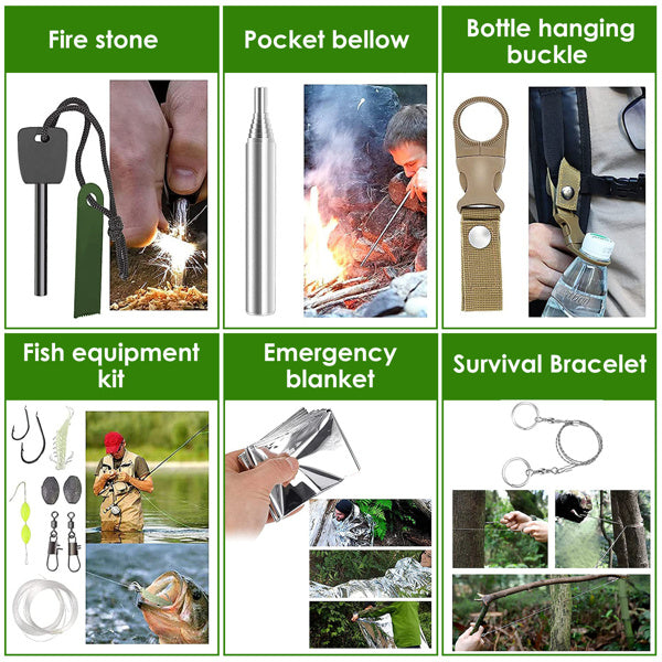 Collection of survival tools including fire stone, pocket bellow, bottle hanging buckle, fish equipment kit, emergency blanket, and survival bracelet.